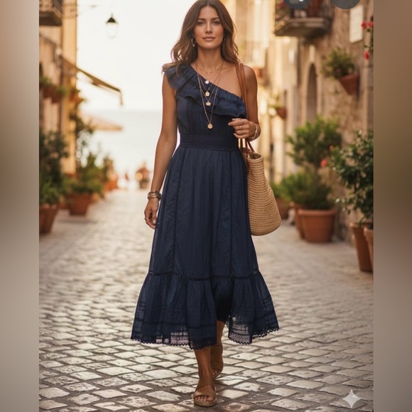 Velvet Dresses & Skirts - Anthropologie Velvet by Graham & Spencer One-Shoulder Lace Midi Dress Small blue